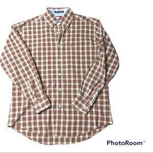 red white green blue small plaid long sleeve button down size MEDIUM